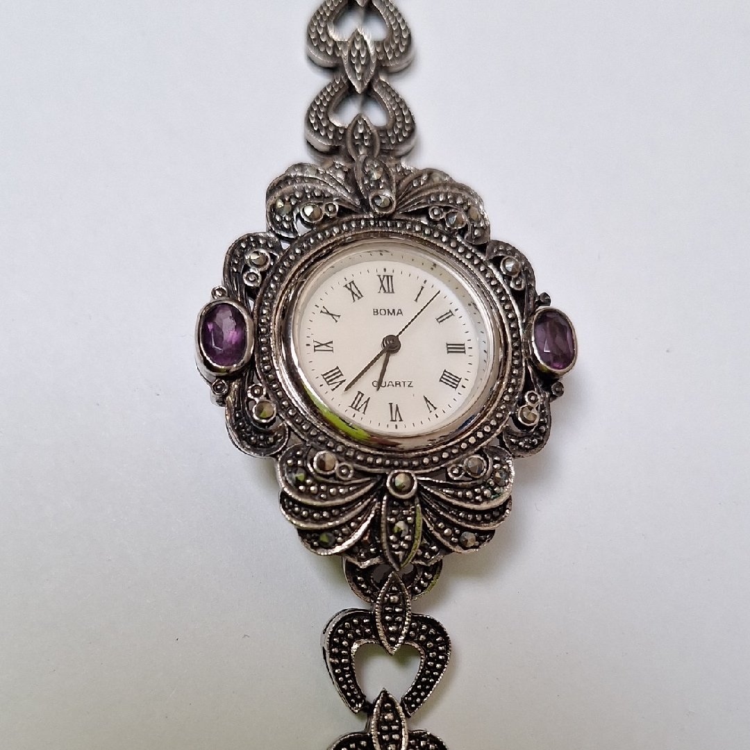 Boma Silver Quartz Watch With Purple Accents